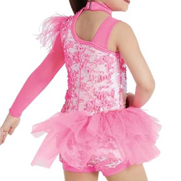 Weissman Costume Asymmetrical Side Bustle Biketard Pink Sequin NEW XL Adult - Picture 3 of 10